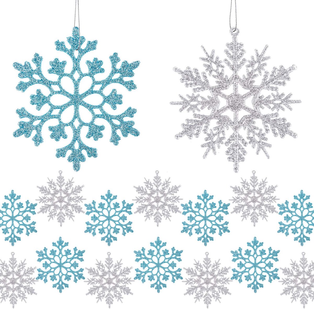 24 stks Kerst Sneeuwvlok Ornamenten Boom Opknoping Hangers Kerst Glitter Sneeuwvlok Decoraties met Touwen