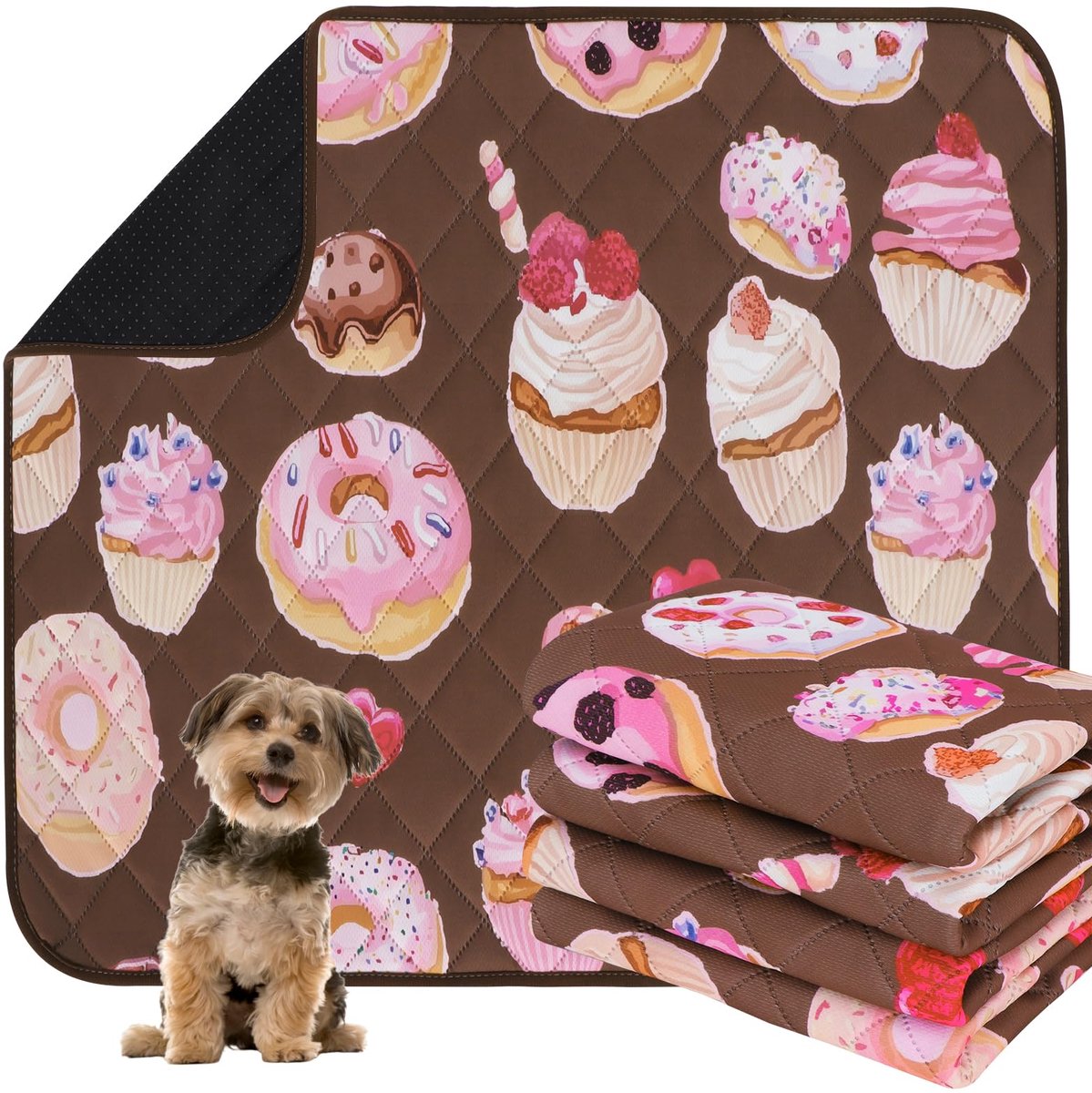 Wasbare plaspads voor honden, set van 2 cakepatroon, herbruikbare waterdichte puppy-potjespads, antislip absorberende trainingspads voor huisdieren voor boxbed, EU015 koffietaart, 90 x 60 cm