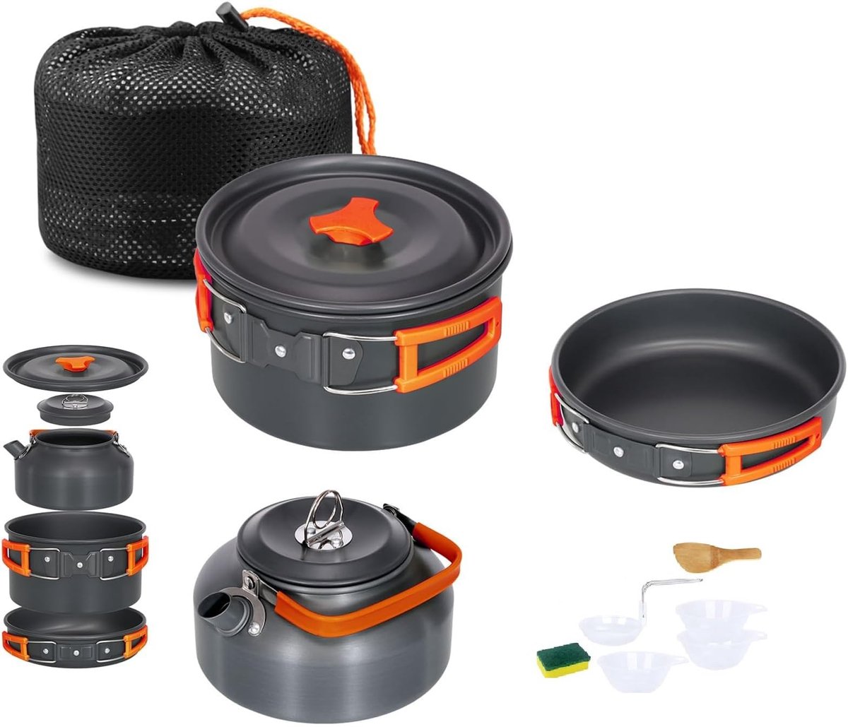 LINE camping kookgereiset, 2-3 personen, opvouwbare camping pannenset, steelpan, pan, theepot voor buiten, picknicken, kamperen en wandelvakanties