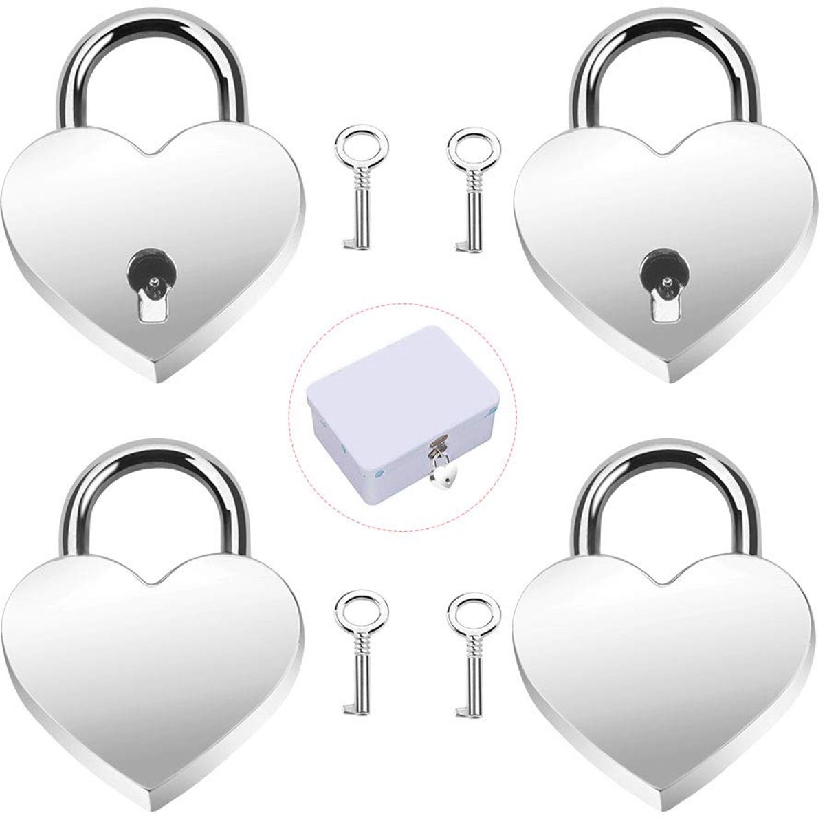 slot, liefdesslot, hartslot, 4 stuks, hart, liefde, hangslot met sleutel, mini-slot voor dagboek, geschenkdoos, zilver