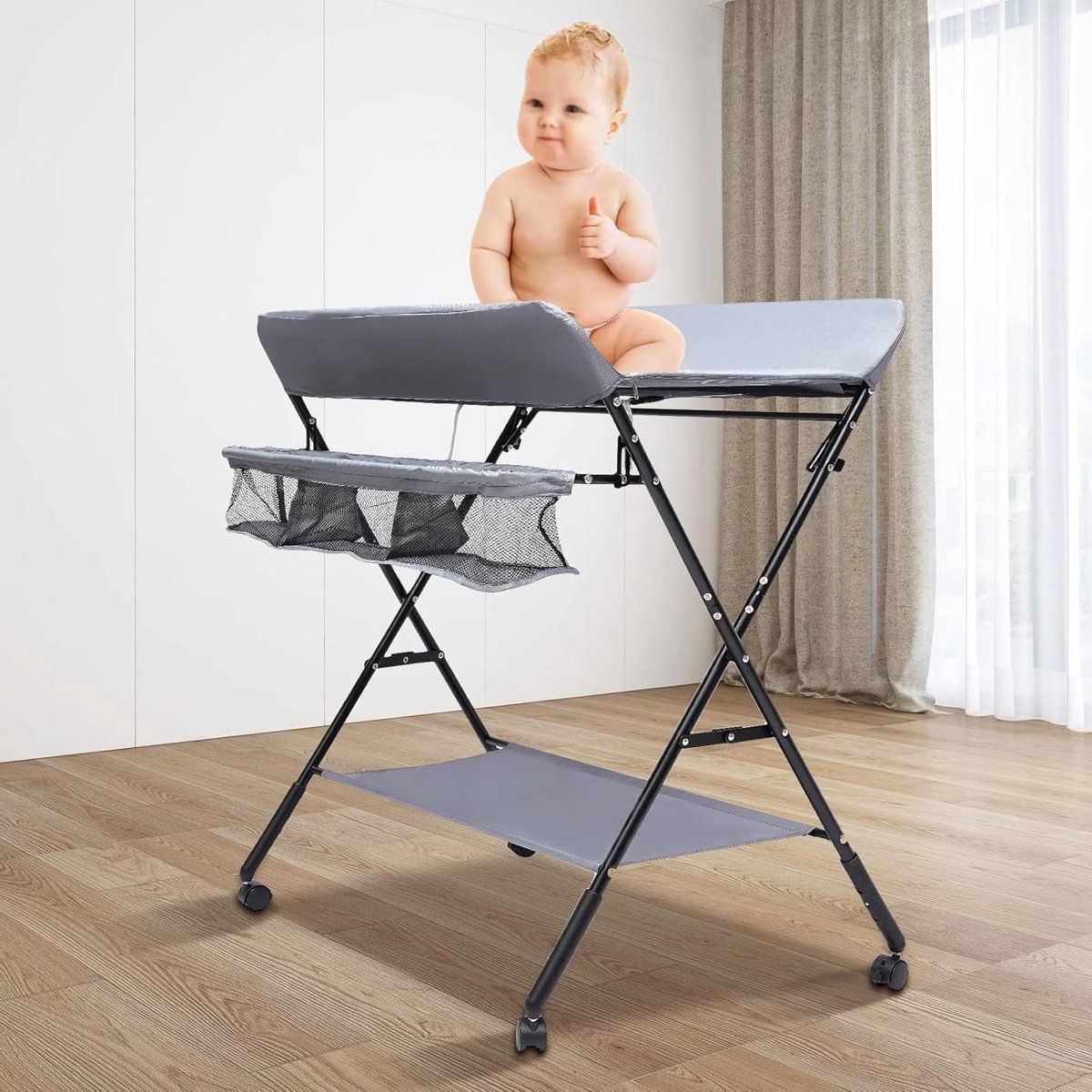 Opvouwbare babyverschoontafel - Luierwisselstation baby - Babyverzorging thuis - In hoogte verstelbaar - 80x63x96 cm - Grijs