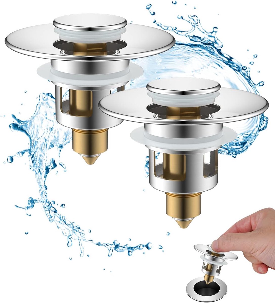 2 stuks gootsteenpluggen, pop-up gootsteenpluggen met afvoerzeef, messing bounce kern push-type afvoerplug, universele gootsteenstop vervanging voor badkamer en keuken, geschikt voor 25 mm tot