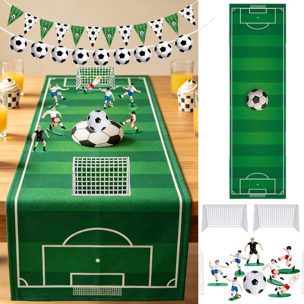 voetbal tafelloper, tafelkleed, 40 x 180 cm, tafelloper met mini-voetbalteam en voetbal, groen, voor binnen en buiten, tafeldecoratie voor voetbalfeest, verjaardag, tuinfeest