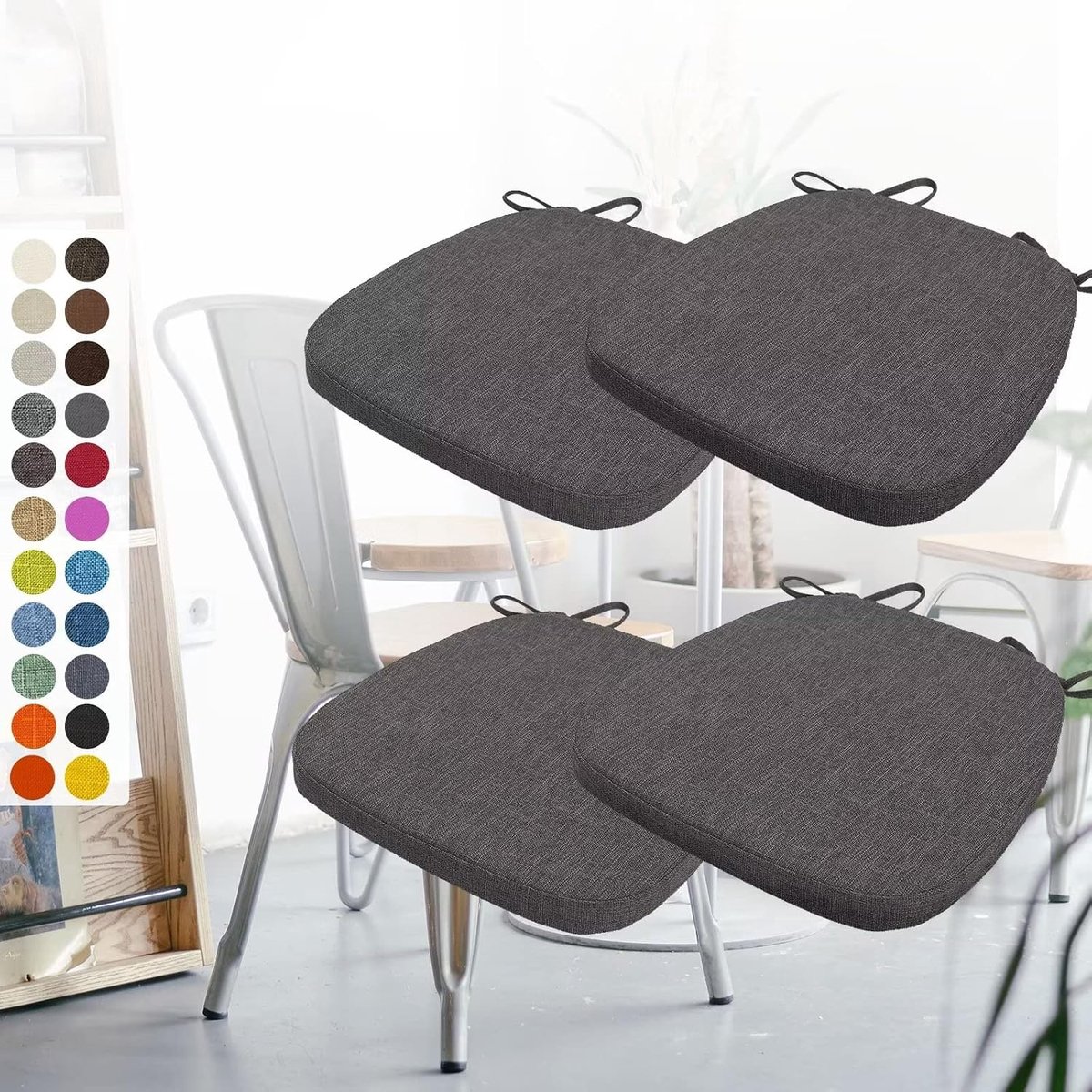 Set van 4 stoelkussens, 40 x 38 x 3 cm, met banden, wasbaar zitkussen, antislip, afneembare overtrek met ritssluiting, ideaal voor thuis, kantoor, keuken, eetkamer, koffiegrijs