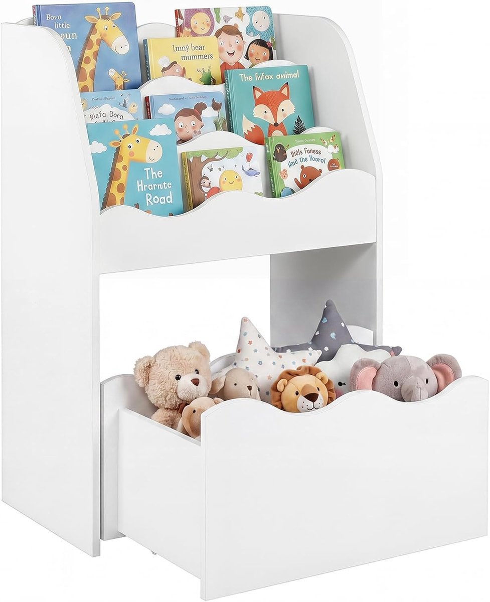 KOMFOTTEU Montessori Kinderboekenkast – 3-laags houten speelgoedrek met rolbare lade en golvende rand – opbergrek voor speelkamer, kinderkamer en klaslokaal
