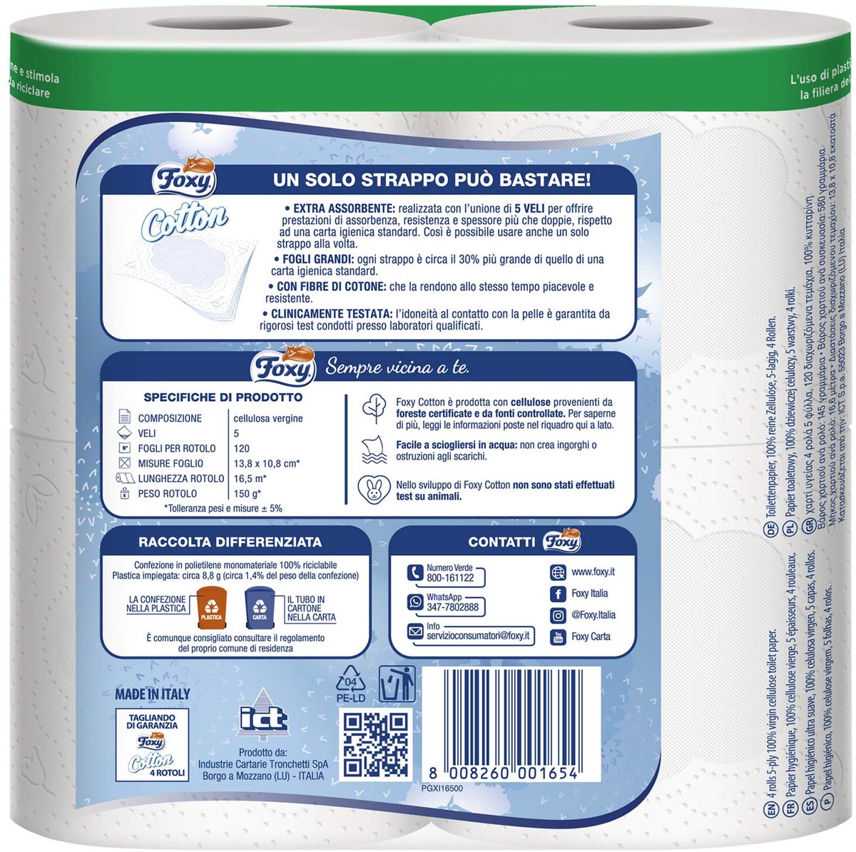 SnelShoppen - FOXY Toiletpapier 4 Stuks, 5-Laags, Extra Absorberend, Zacht en Sterk, Klinisch Getest, Wit, 120 Vellen, 7x7 cm, Vers Cellulose