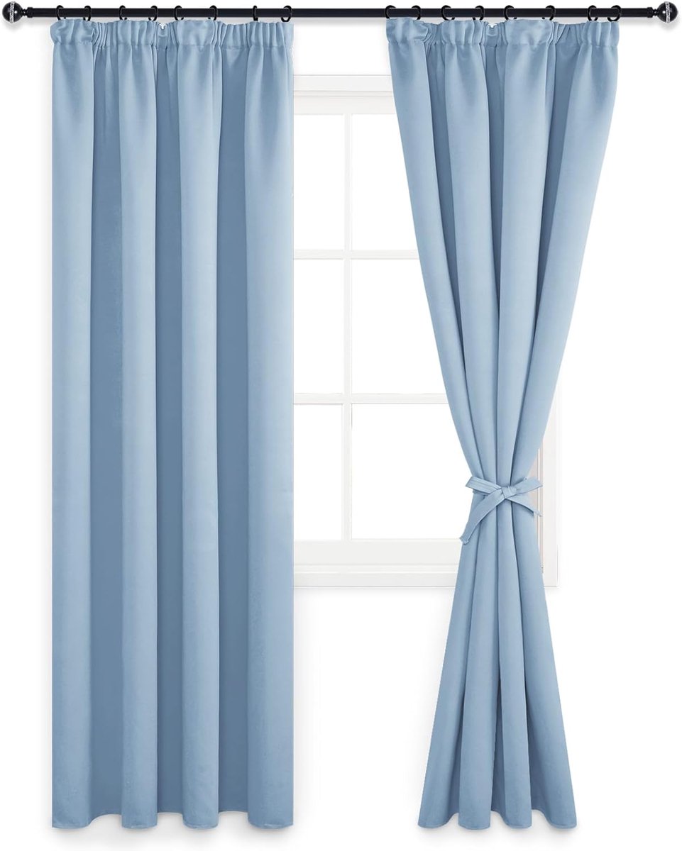 GSet van 2 ordijnen Kant en Klaar Plooiband met Riemen, 117x228 cm (B x H), Thermische Gordijnen met Warmtewerend Stof Gordijnen voor Woonkamer, Slaapkamer, Lichtblauw