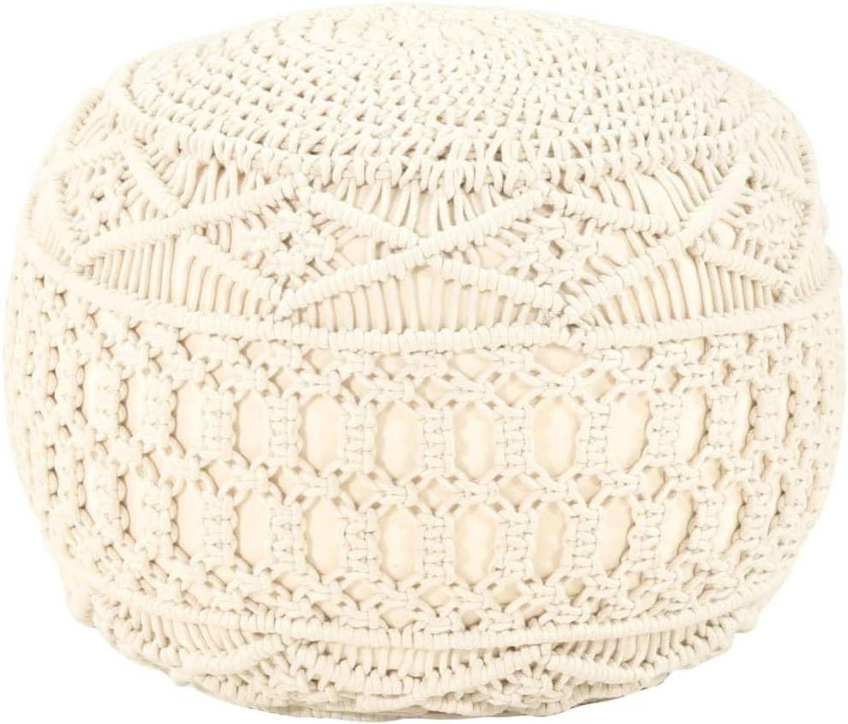 Macramé Poef - Voetenbank Decoratief - Woonkamer Decoratie - Handgemaakt Gevlochten Katoen - 45 x 30 cm - Wit