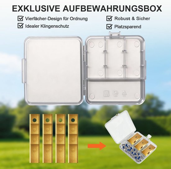 15-delige set titanium snijmessen voor Eufy E15 E18, met 30 veiligheidsschroeven, getest volgens DIN EN 50636-2-107, scherp, duurzaam, roestvrij & stil, inclusief opbergdoos — afbeelding 3