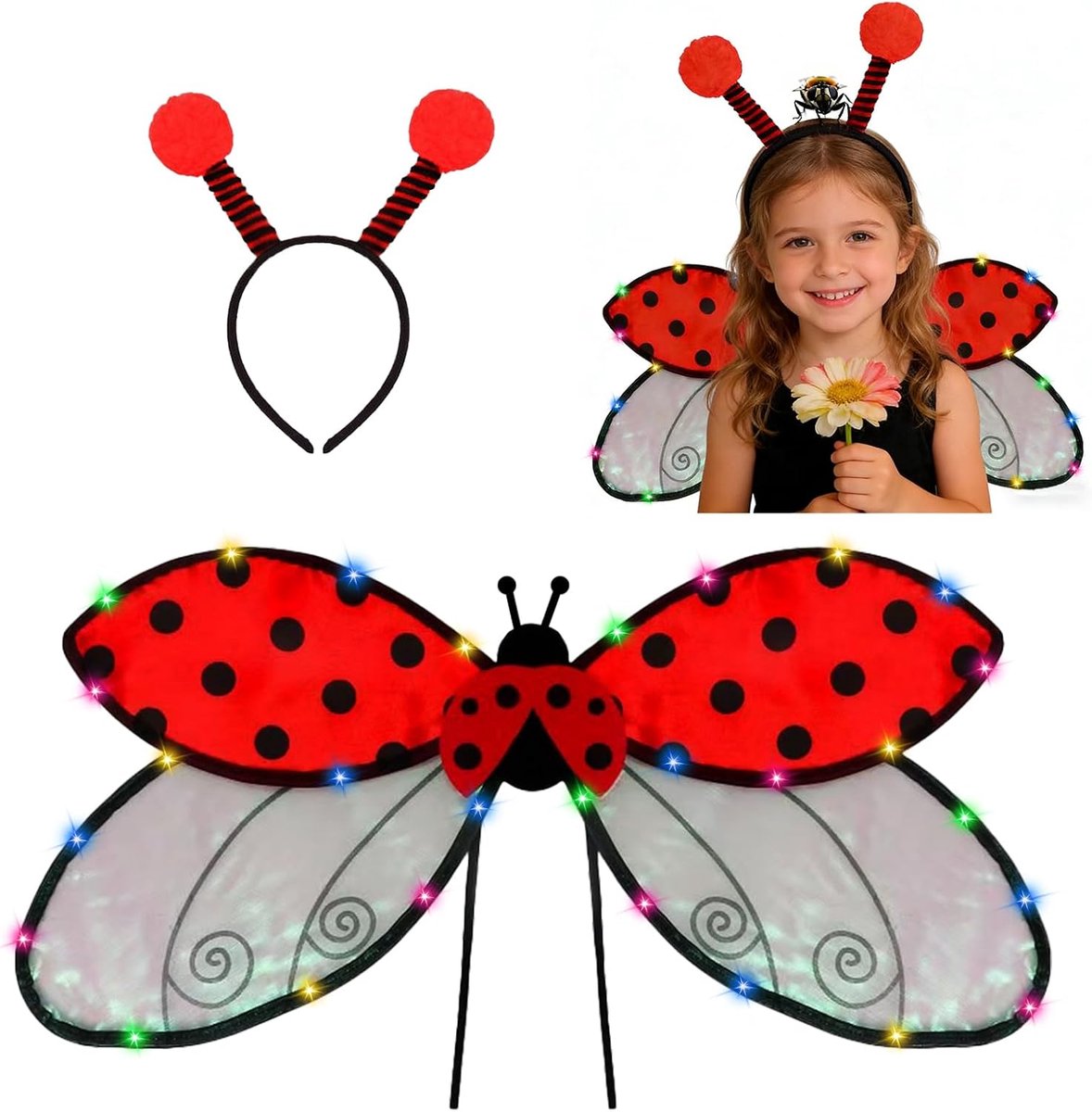 Ladybug kostuum, ladybug-kostuum voor kinderen, lieveheersbeestjeskostuum bevat een hoofdband en lichtgevende lieveheersbeestjesvleugels, geschikt voor carnavalsevenementen en