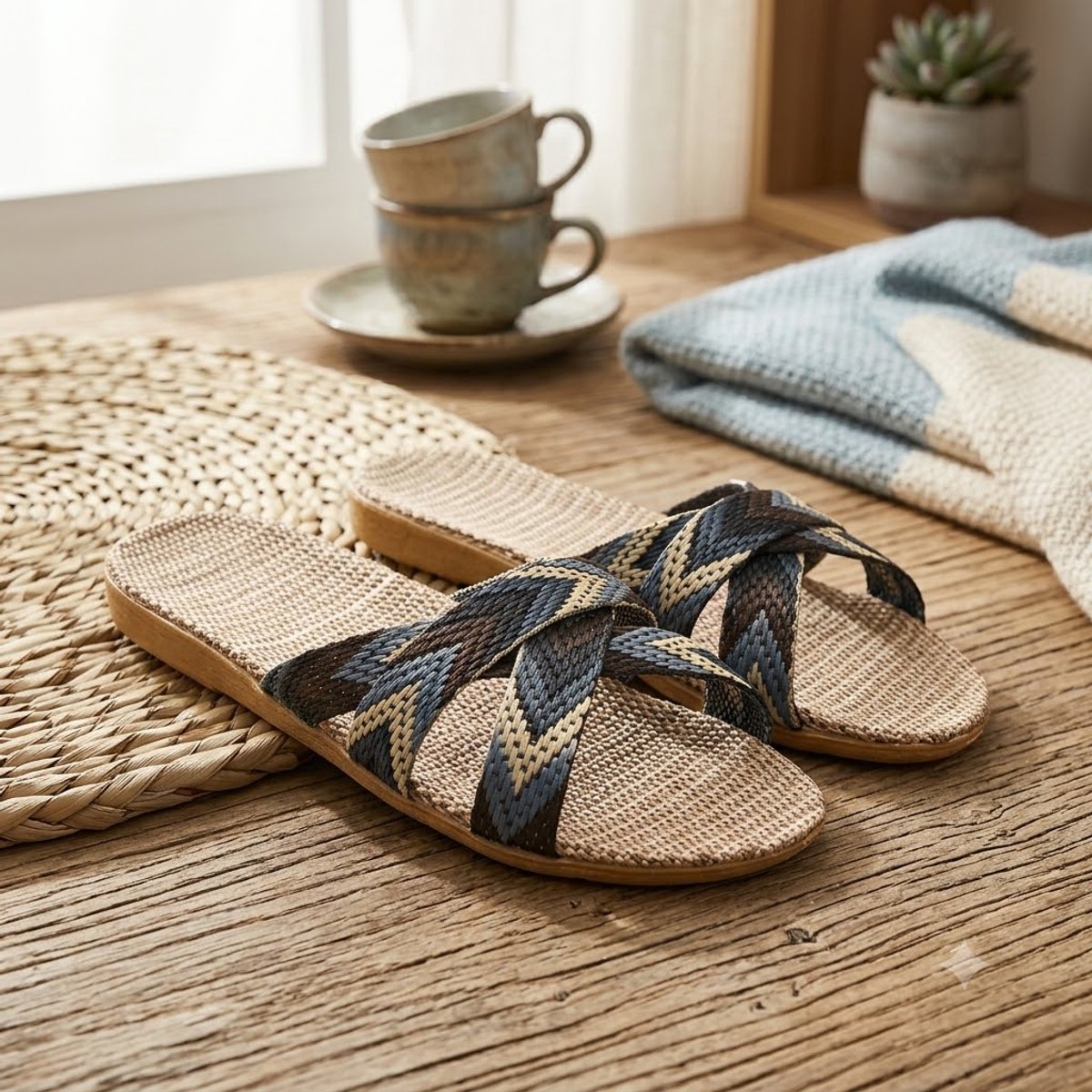 Zwarte dames pantoffels linnen instap slippers bohemian kruislings geweven banden open teen huis slippers zomer slippers maat 39