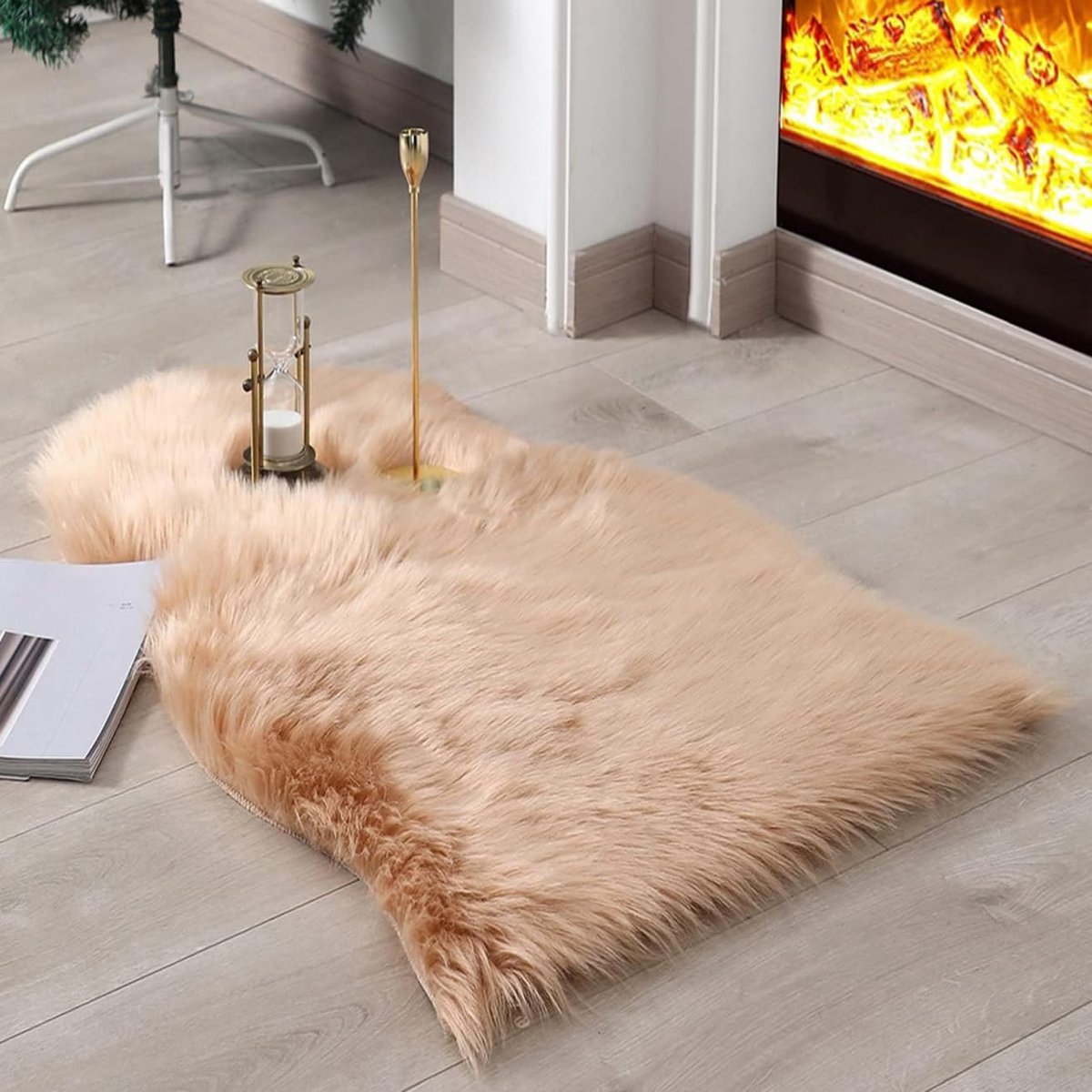 lamsvacht, schapenvacht, tapijt, lichtbruin, 75 x 120 cm, pluizig tapijt voor woonkamer, decoratie, langharig, zacht vacht, tapijt voor stoelen, bank, slaapkamer, kinderkamer