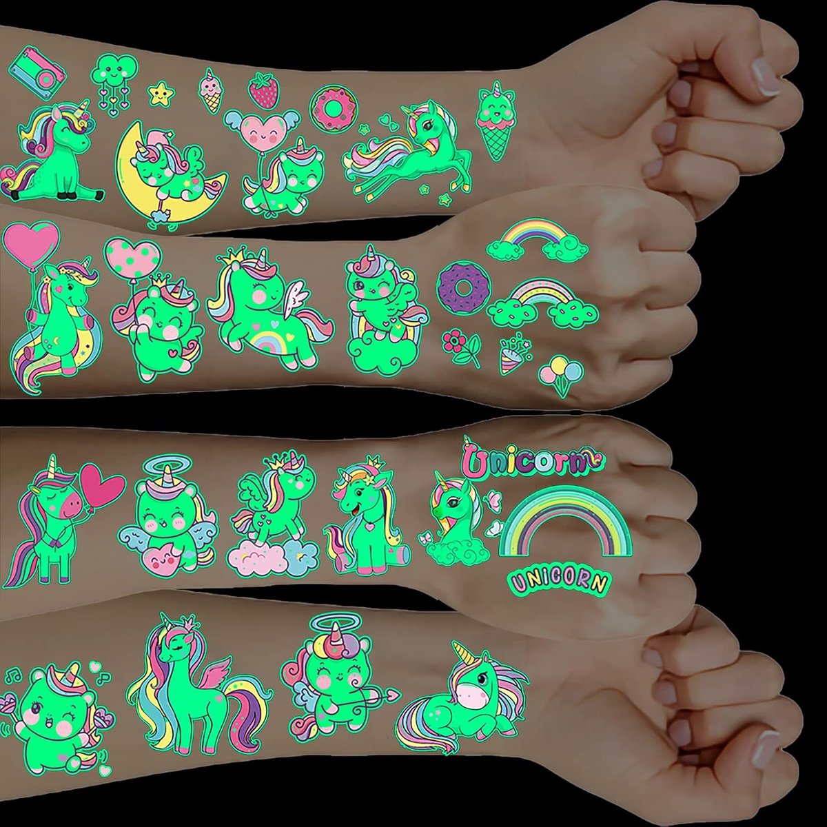 Eenhoorn-tatoeages voor kinderen, 10 vellen lichtgevende tatoeagestickers, huidvriendelijke tijdelijke tatoeagestickers voor verjaardagsdecoraties, eenhoorn-feestaccessoires voor meisjes