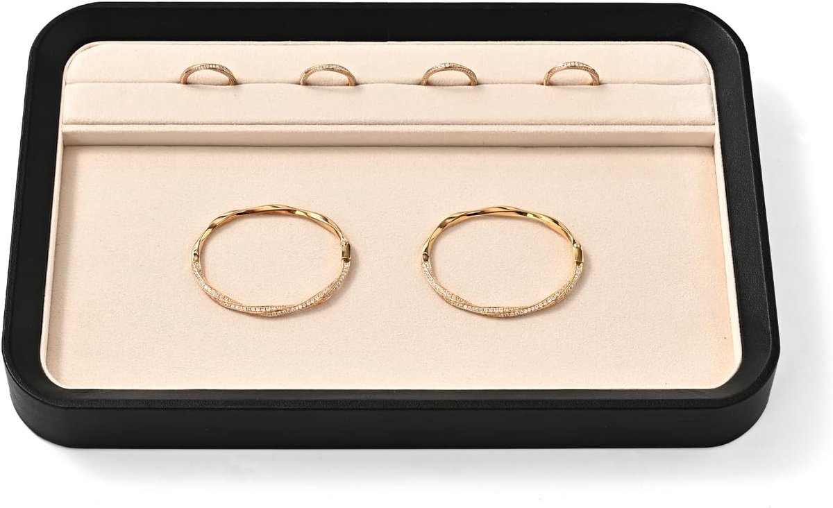Beige multifunctionele sieradendienbladen, platte dienbladen, opslag voor ringen, halskettingen, oorbellen en armbanden (30 x 20 x 3 cm)