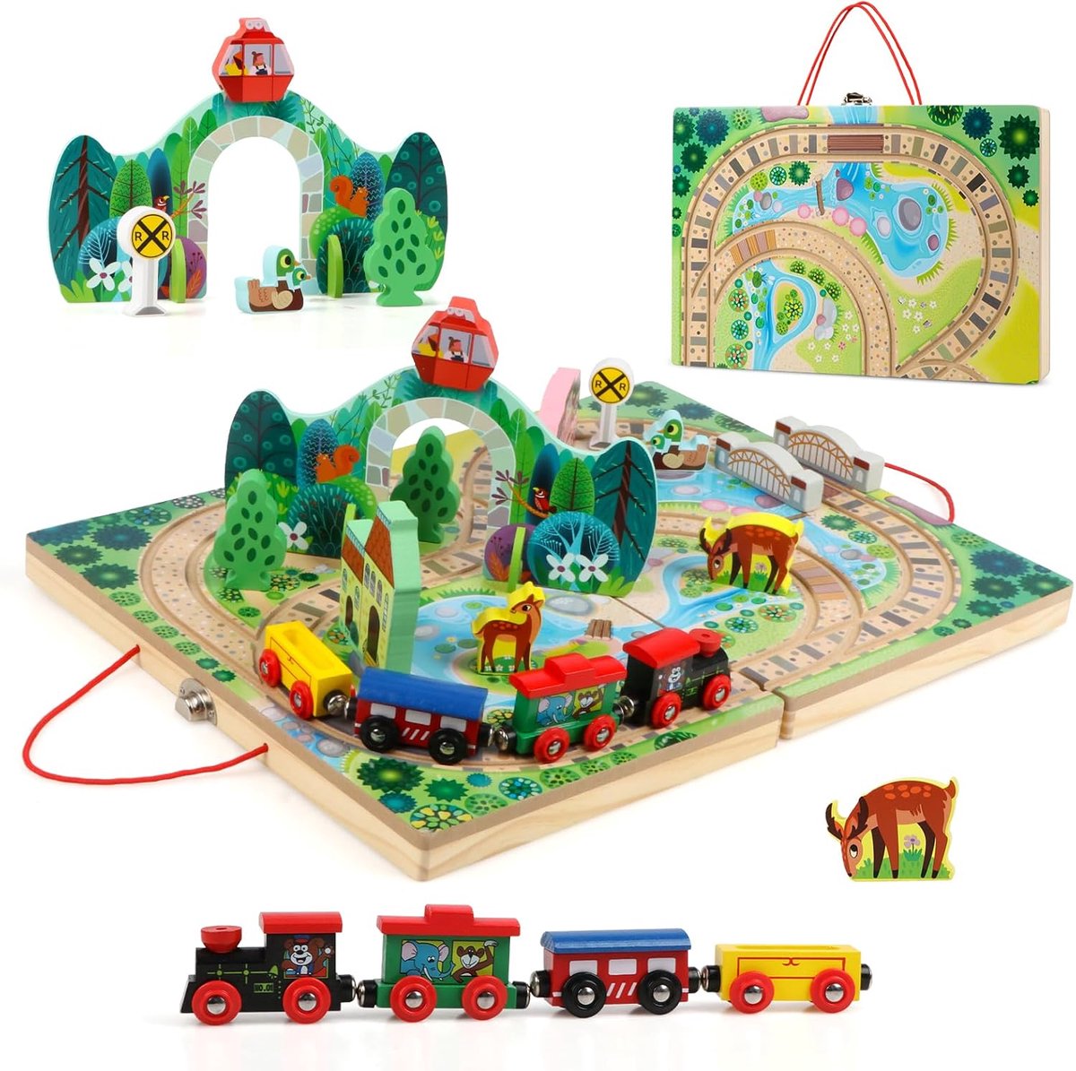 Houten 18 PCS Treinspoor Set voor Kinderen, Spoorweg, 4 Treinen, Spelen Stukken, Brug voor Leeftijden 3+ Meisjes Jongens Geschenken