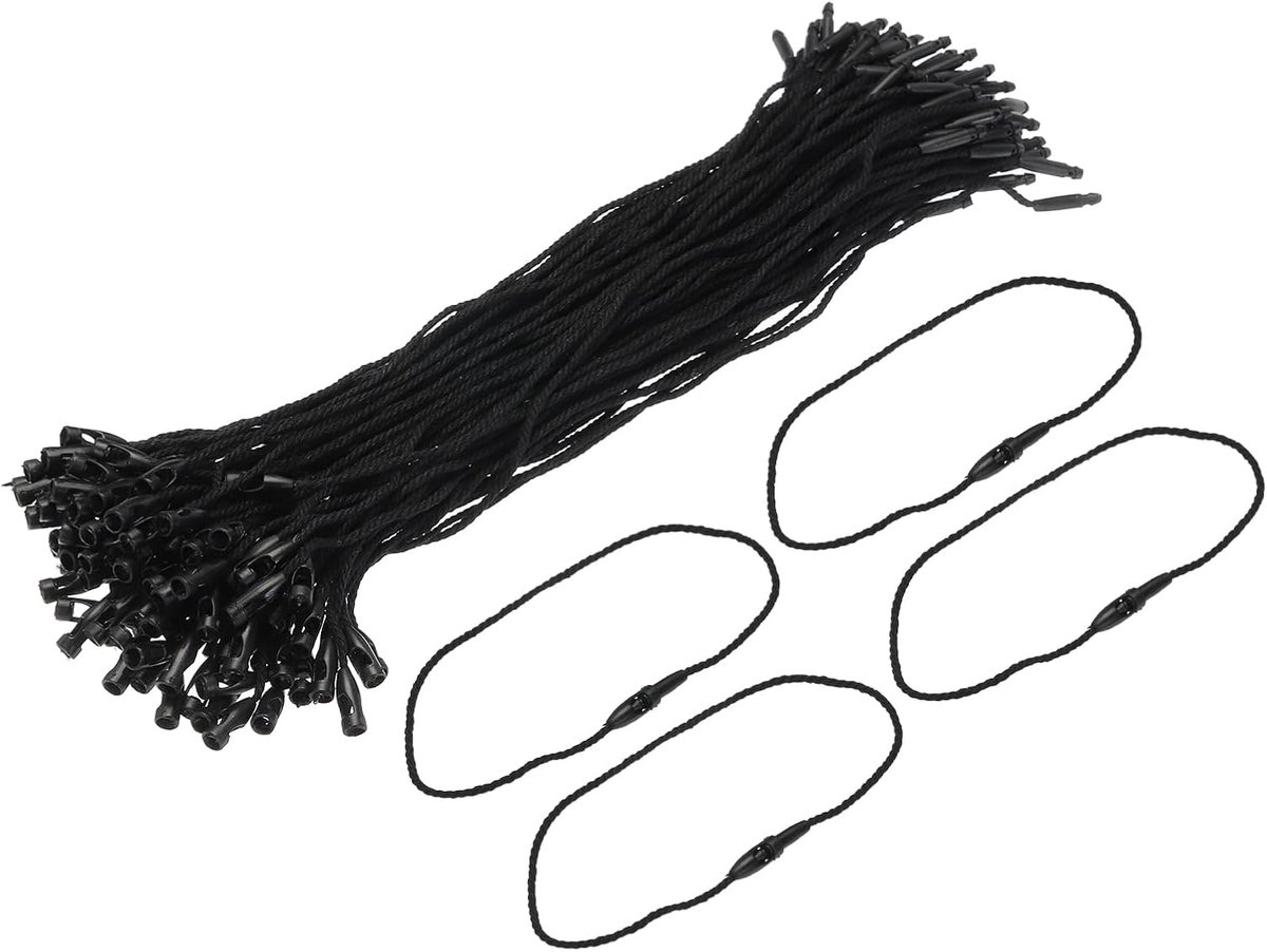 Etiket om op te hangen touw polyester ring pinnen kliksluiting prijskaartje stropdas sluiting kunststof etiketten 190 mm / 7,48 inch lengte, 1 mm diameter, 200 stuks zwart