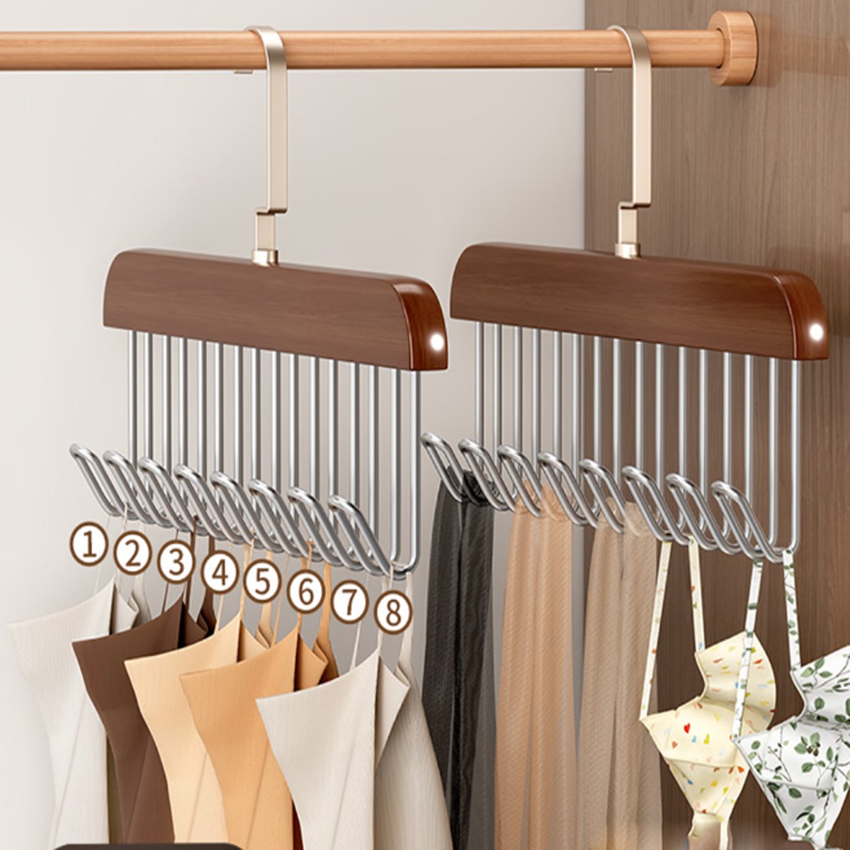 KZQ 2-delige riem- en stropdas hanger met 8 haken - Houten organizer voor riemen stropdassen sjaals en tops - Ruimtebesparend voor kast en garderobe - Vintage