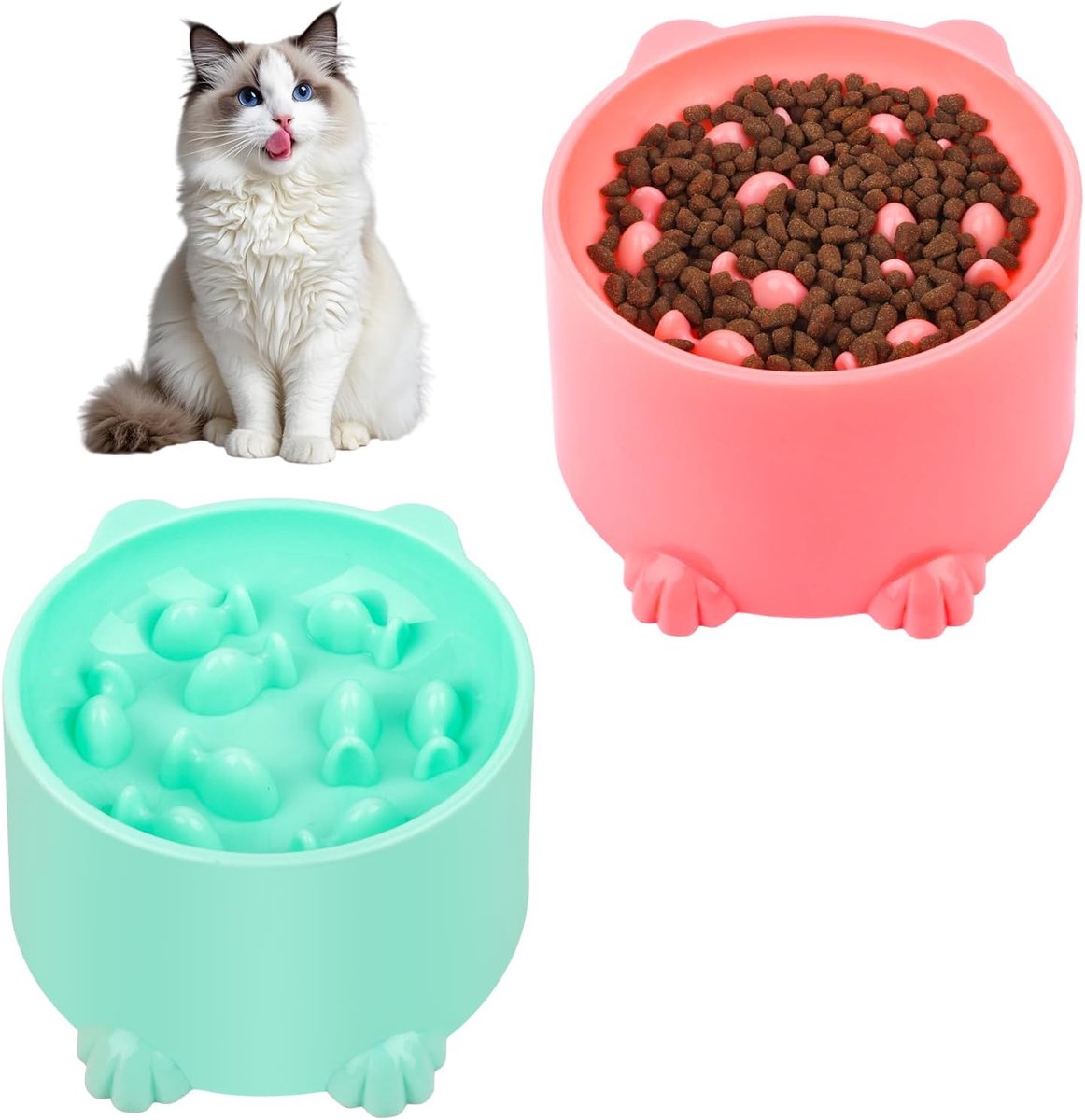 2 stuks anti-schrokbak voor katten en kleine honden, langzame voeding voor katten (roze en groen)