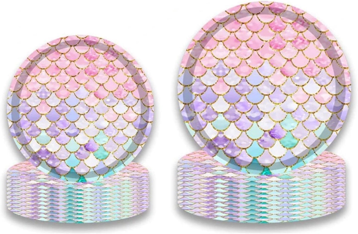 Zeemeermin wegwerp feestborden, 32 stuks 22,5 cm papieren borden en 32 stuks 17,5 cm dessertborden voor verjaardag, feest, pensioen, voorgerecht, bruiloft, bruidsbabyshower (zeemeermin)