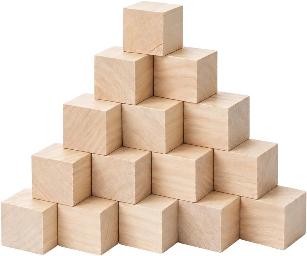 SnelShoppen - 20 Stuks Houten Dobbelstenen 50 mm - Natuurlijke Blokken 5 x 5 x 5 cm - Blanco Onbehandelde Blokjes Voor Knutselen, Doe-Het-Zelf, Feest,