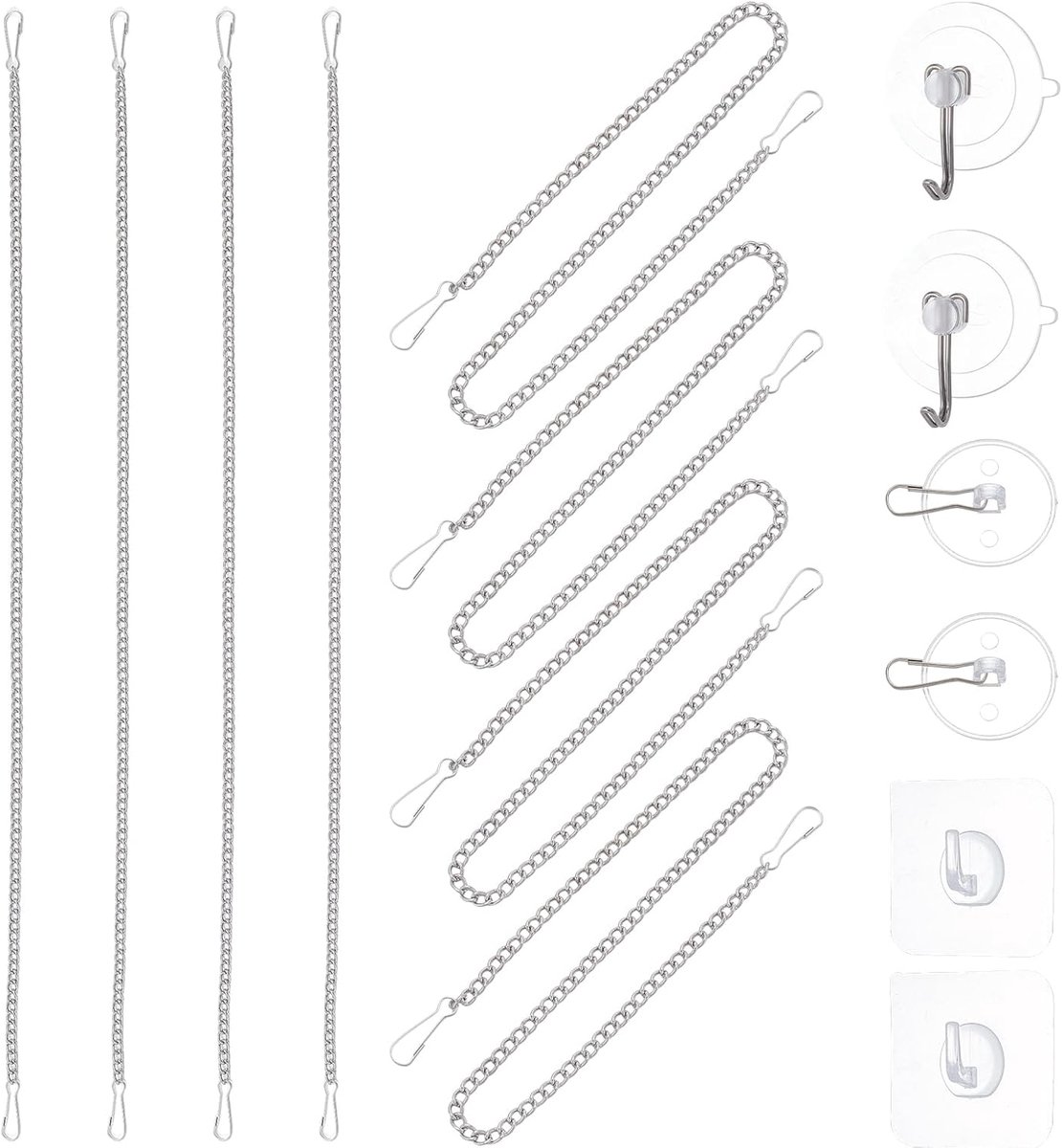 8 stuks gebrandschilderd glas raam opknoping ketting, witte foto opknoping metalen ketting met veiligheidshaken en zuignap haken, veelzijdige decoratieve kettingen voor Suncatcher Patio