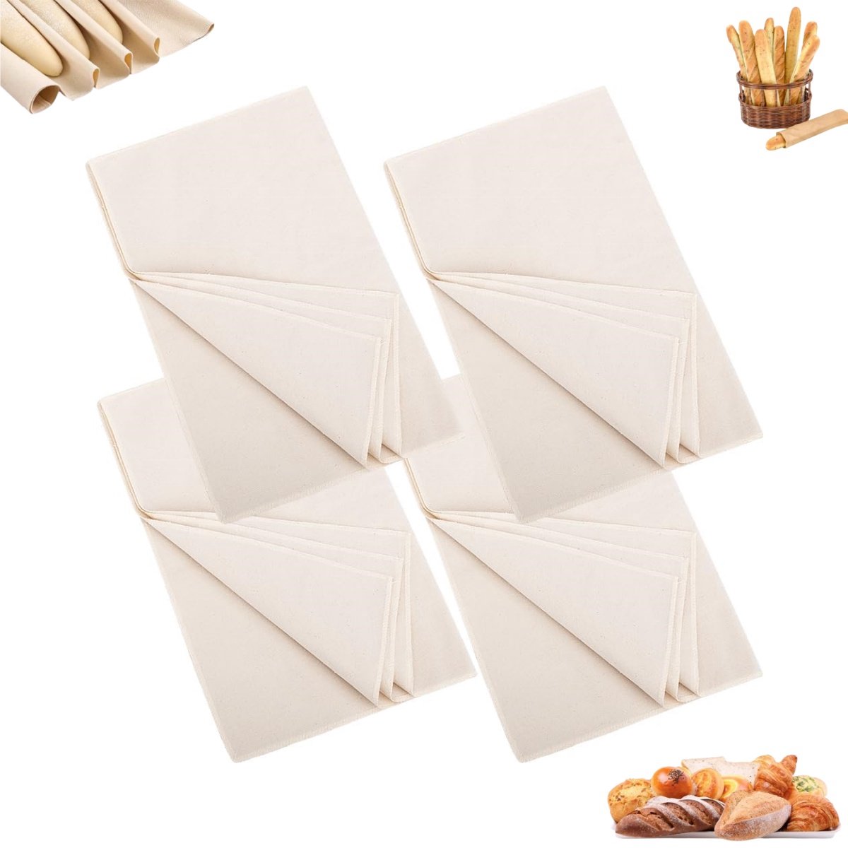 4 stuks - Broodrijsdoek - Verdikte katoenen broodrijsdoek - Stevige deegrijsdoek - 48*36 cm zuurdesemdoek - Herbruikbare broodrijsdoek - Geschikt voor deeg, baguettes, brood, gebak en zelfgebakken brood