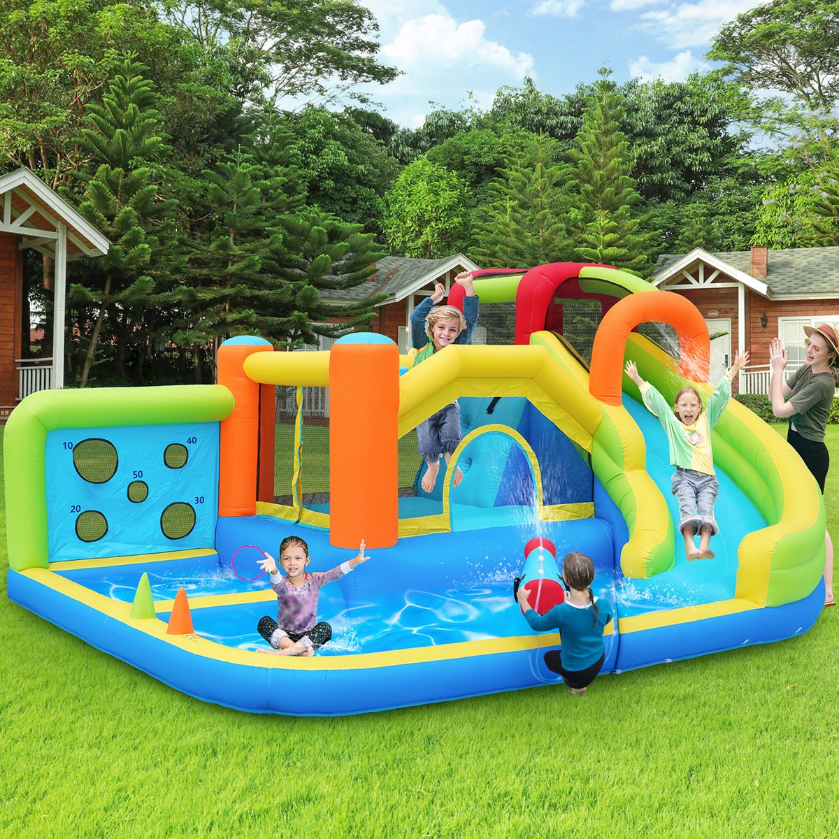 COVREO Opblaasbaar waterpark 410x315x203 cm multicolor, met 450W blower