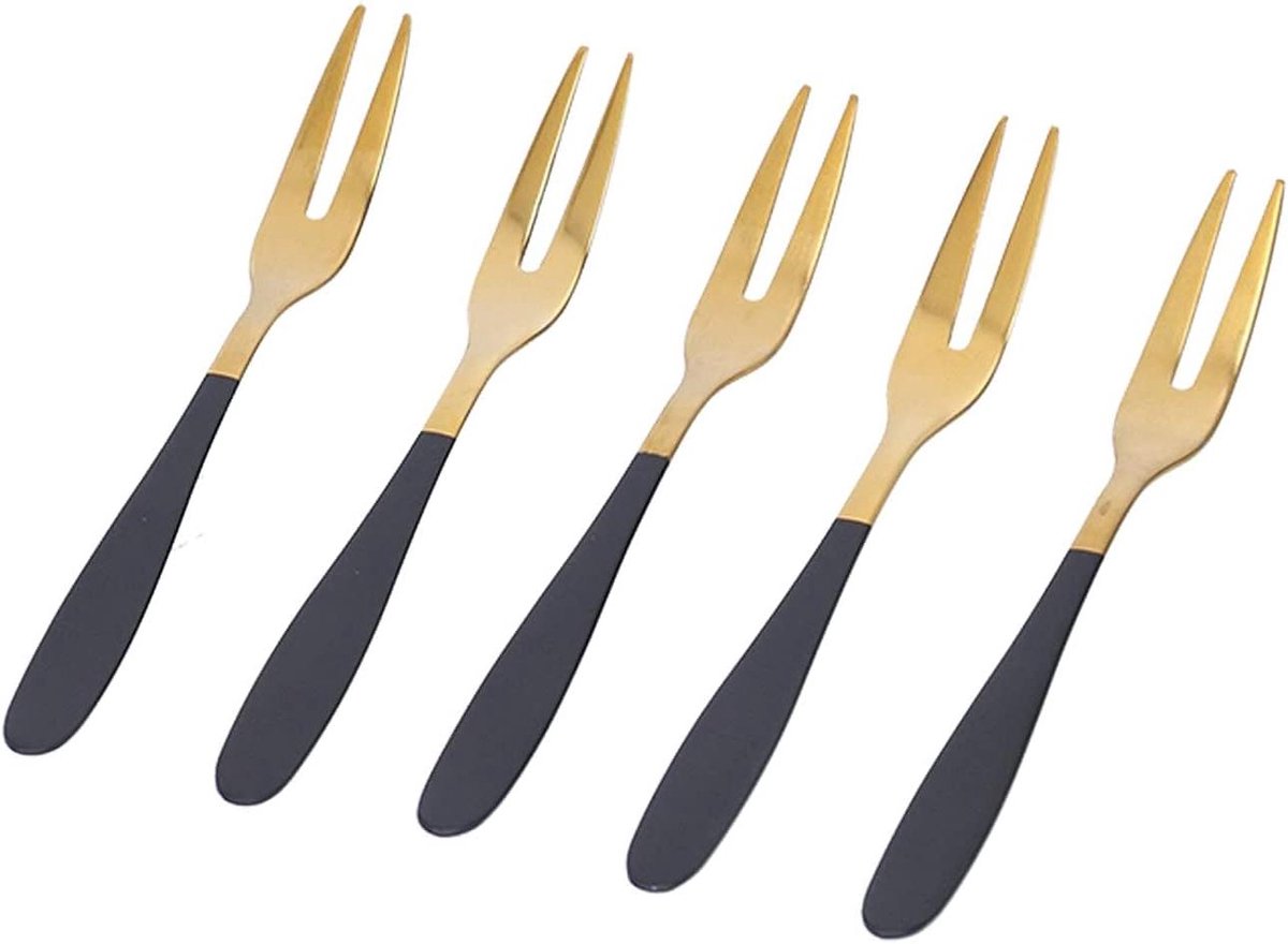 Dessertvorkjes 5 Stuks - Kleine Vorkjes - Hapjes Serveren - 304 Roestvrij Staal - 13.3 cm Lengte - Zwart Goud