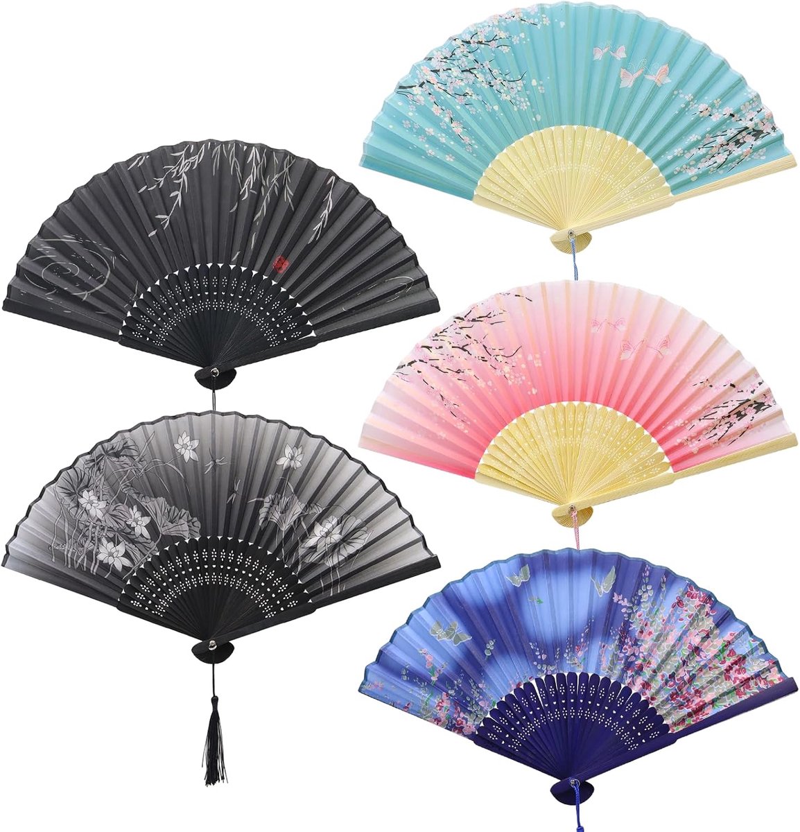 5 stuks Japanse waaiers, opvouwbare waaiers, bruiloftswaaiers, met franjes van zijde en bamboe, 21 x 38 cm, opvouwbare waaiers, voor decoratie, bruiloft, muur, dansaccessoires, cadeau