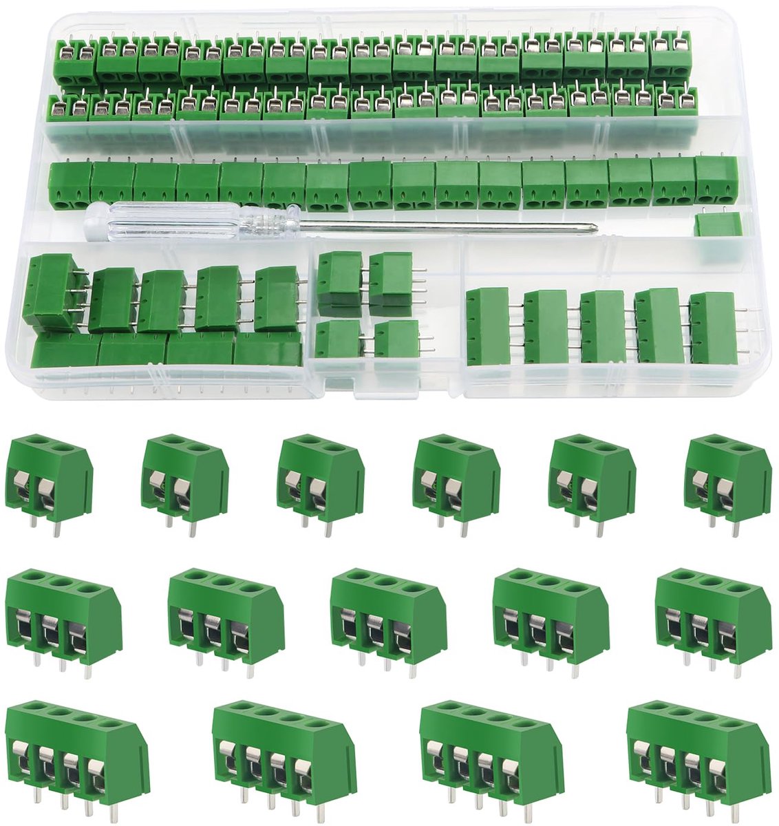 100 Stuks PCB Mount Schroef Klemmenblok, 5mm 2 Pin / 3 Pin / 4Pin Schroef Terminal Connectoren, voor Arduino DIY Project (85 x 2 Pin, 10 x 3 Pin, 5 x 4 Pin, Groen)