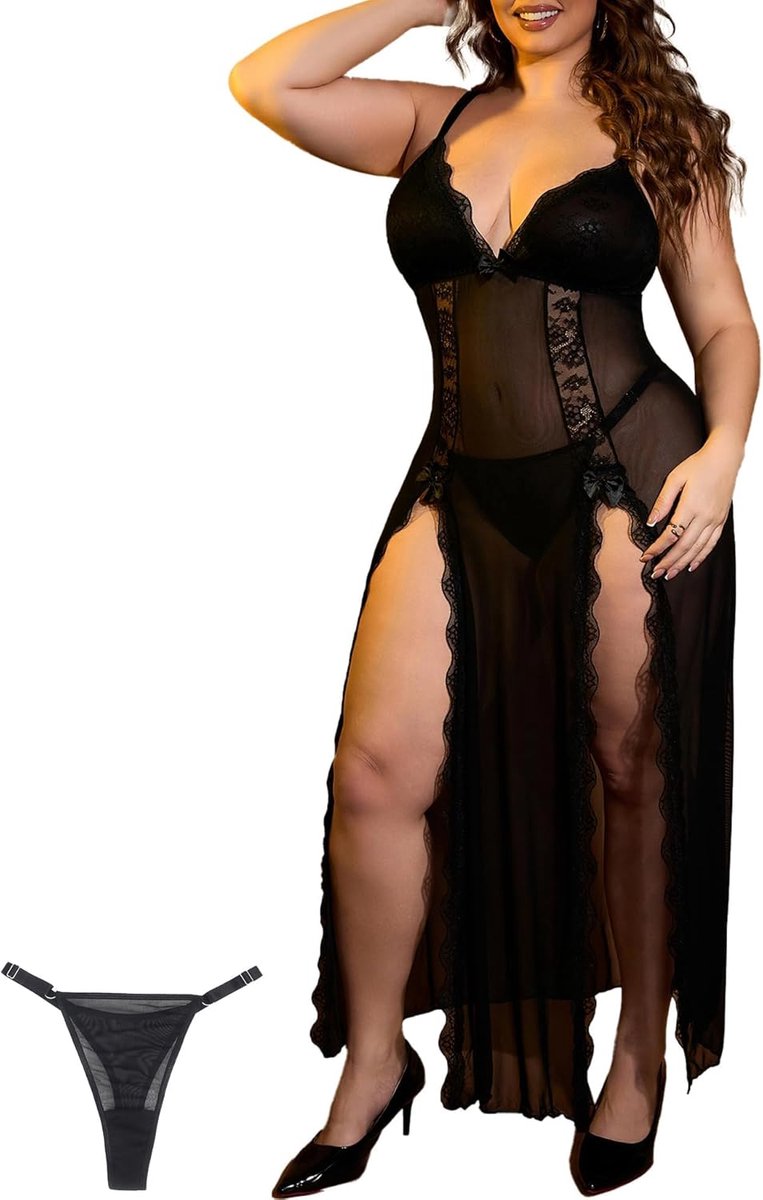 ohyeahlady Zomerjurk voor dames, met kant, lange oversized lange jurk, kant, net, feestjurk, zomerjurk, curvy, stretch, cocktail, nachthemd, mouwloos, pyjama, sleepwear