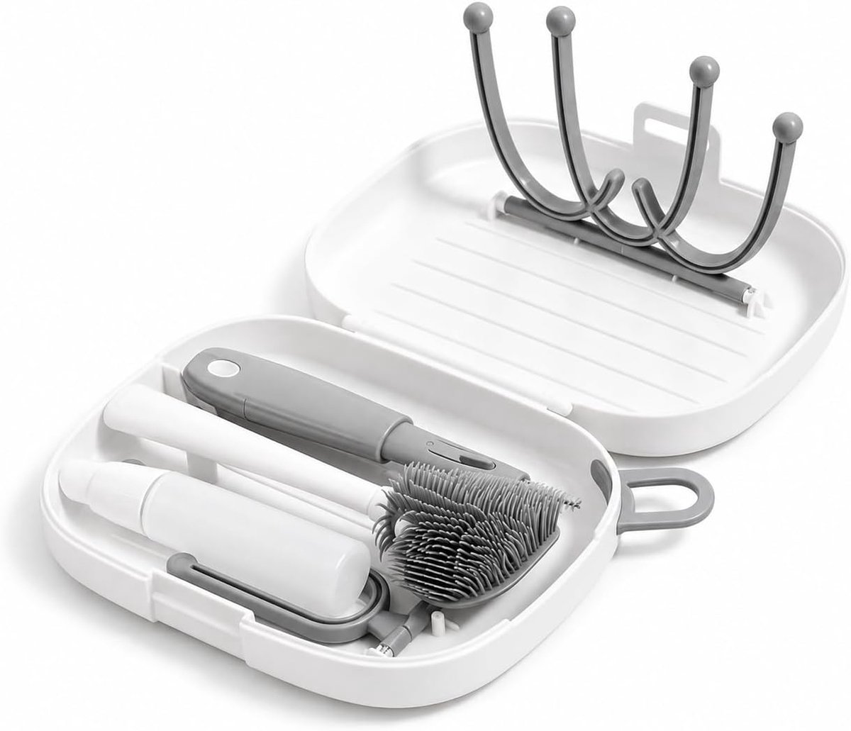 8-in-1 Babyfles Reinigingsset - Flessen Droogrek Baby - Flessen Borstel Reis Set - Flessenreiniger - Siliconen Flessenborstel met Zeepdispenser en Opbergbox