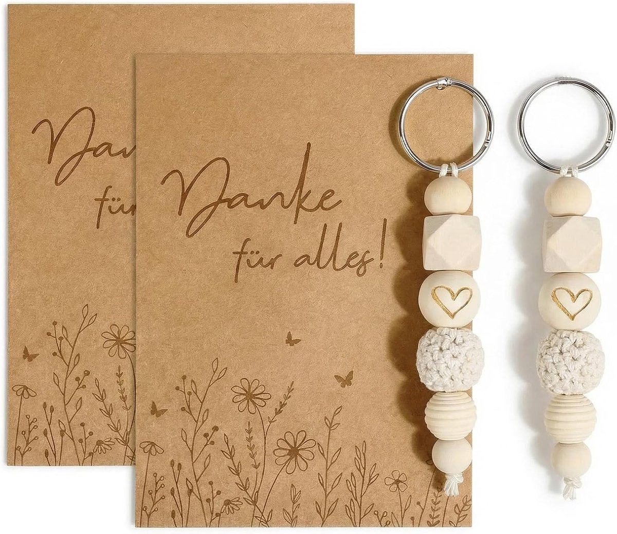 2 houten sleutelhangers met gelukskaarten, klein bedankje, geschenken, houten kralen, sleutelhanger voor tante, vriendin, oma, moeder, zus