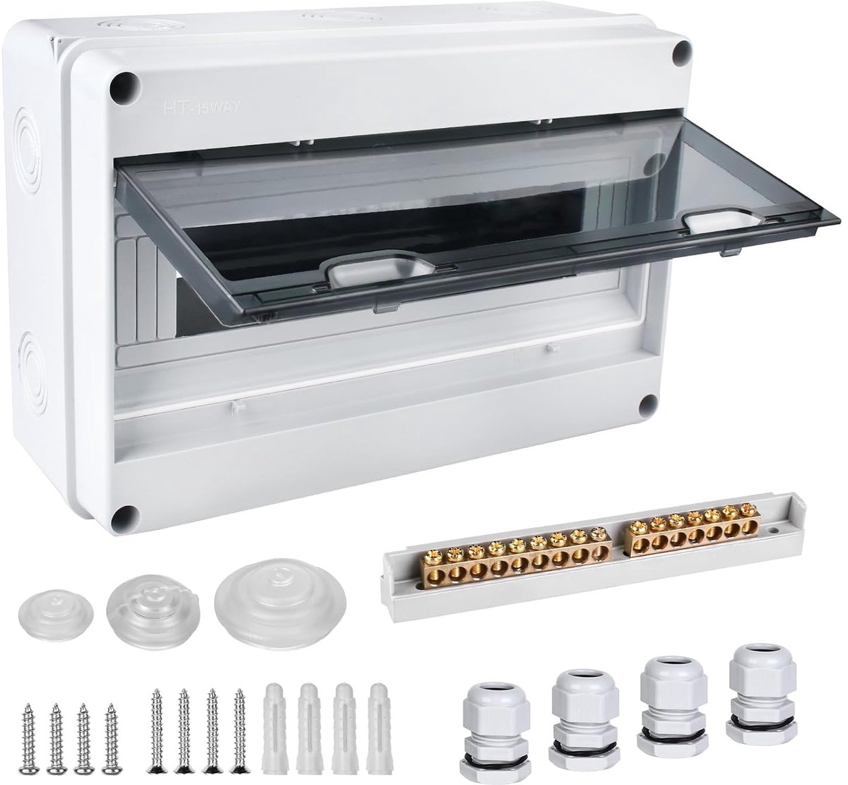 opbouw, verdeelkast IP65 met 1 rij, 15 modules, messing klemmen, verdeler, kleine verdeler, opbouwonderverdeling voor vochtige ruimtes, tuinen, buiten, villa's, laadzuilen