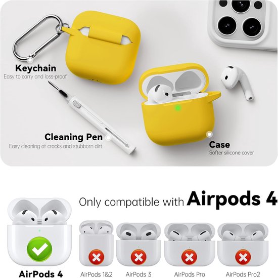 Compatibel met AirPods 4 Hoes met schoonmaakset, siliconen beschermhoes voor Apple AirPod 4 (2024/ANC), uniseks ontwerp - Geel van compatibel — afbeelding 5