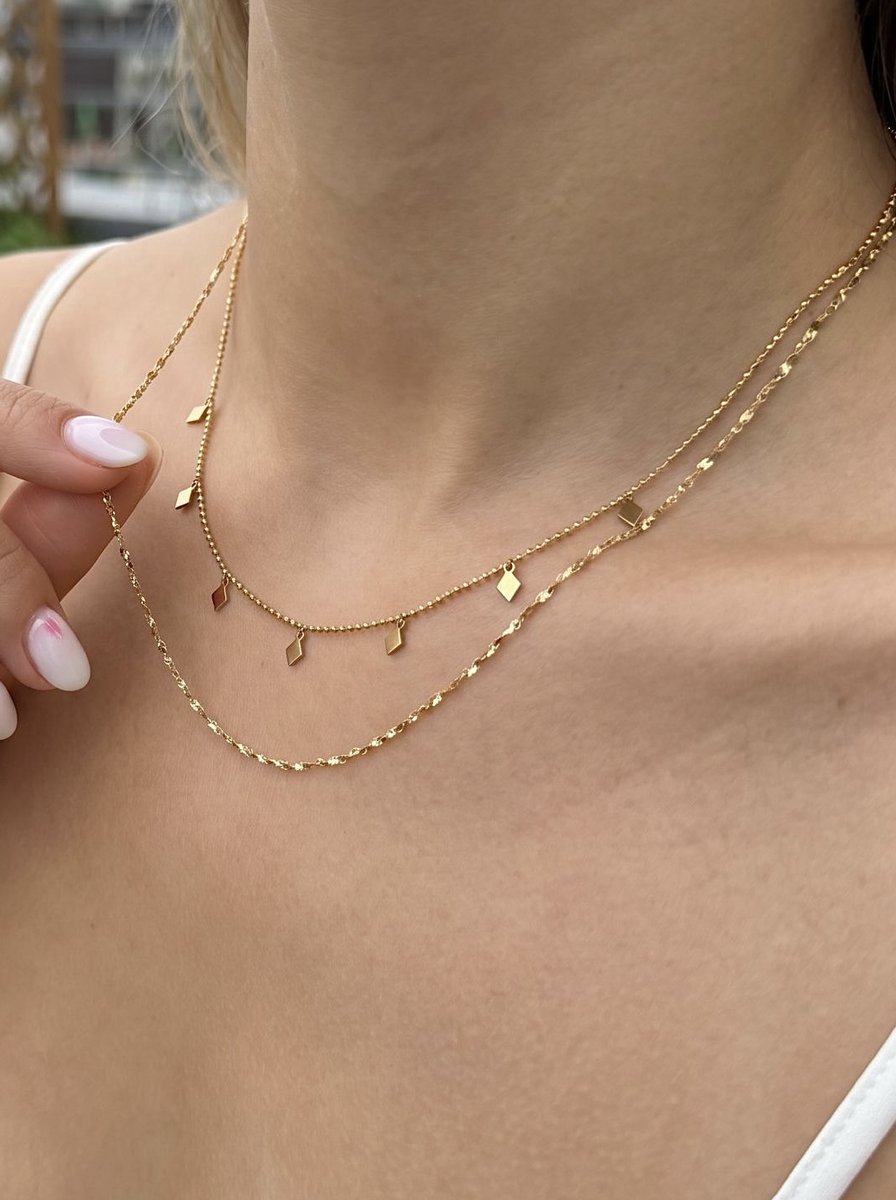 Anelplus Dubbele Goudkleurige Ketting met Geometrische Bedels – Elegante Dames Halsketting – 2-Laags