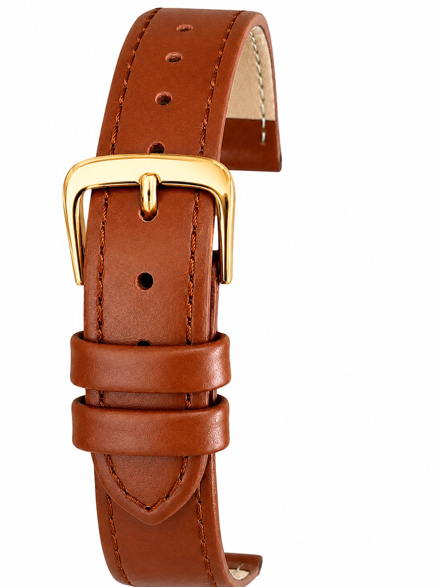 Horlogeband-Horlogebandje-20mm-Bruin-Echt leder-Mat-leer-Plat-Zacht-Soepel-Gestikt-Goudkleurige Gesp-20 mm
