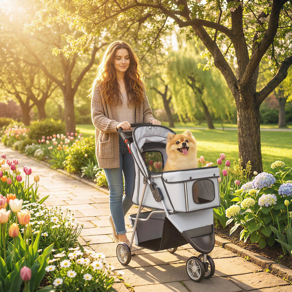 Parasha Nova Hondenbuggy - 4 wielen, opvouwbare trolley met verstelbaar zonnedak- opbergmand - 77x44x cm, grijs