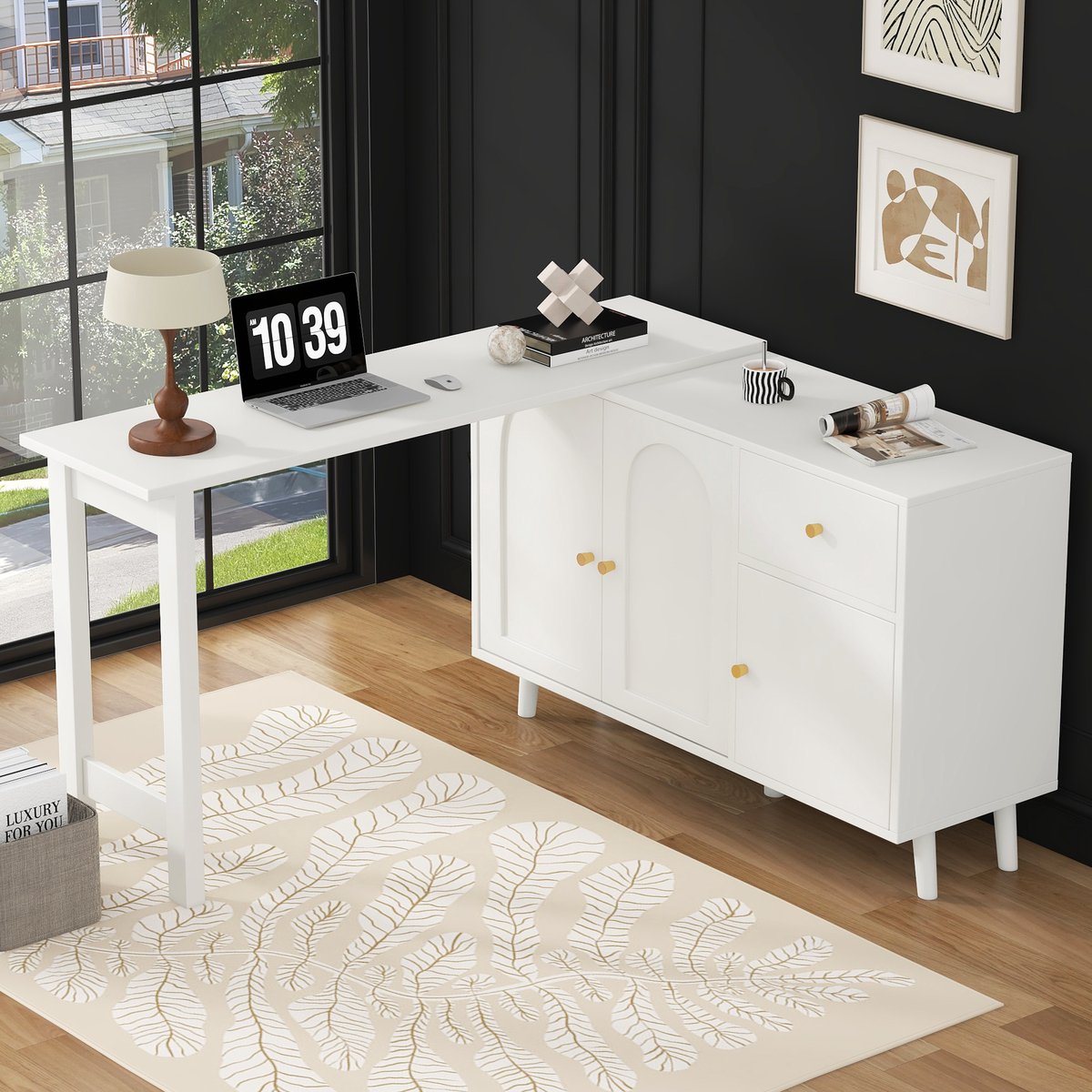 MODENUIT Bureau - 360 Graden Draaibaar Met Sideboard - Voor Hoekruimte En Woonkamer - Wit - 120x40x74,5 Cm