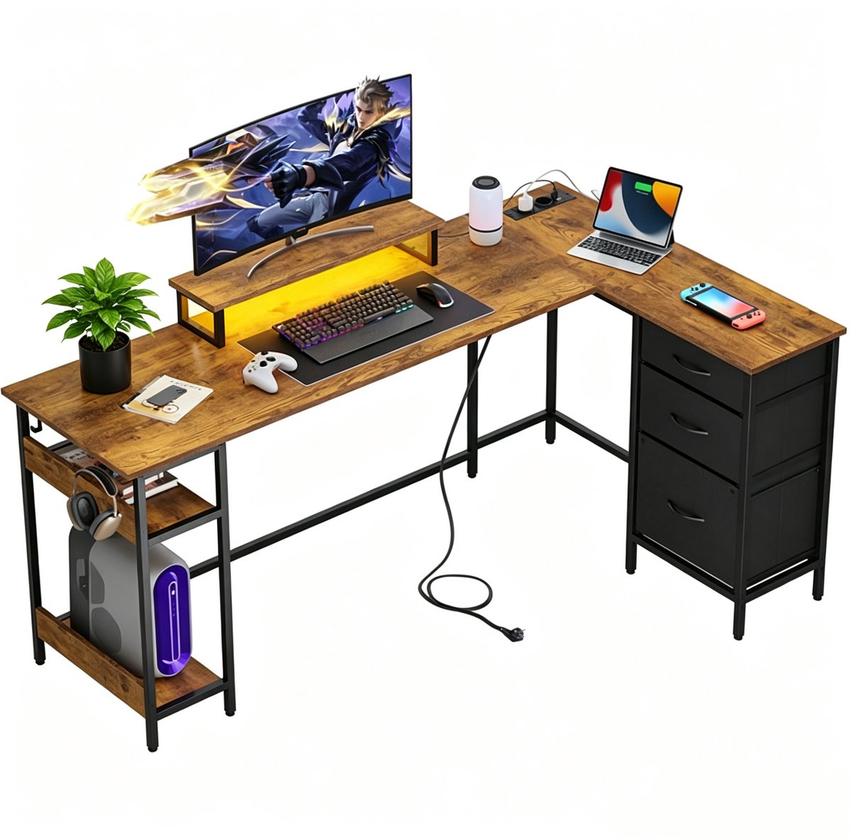 TEKROA® Bureau - L vormig Gaming Hoekbureau 123×80 cm - Computertafel met Lades, Stopcontact - LED & USB - Geschikt voor thuiswerk