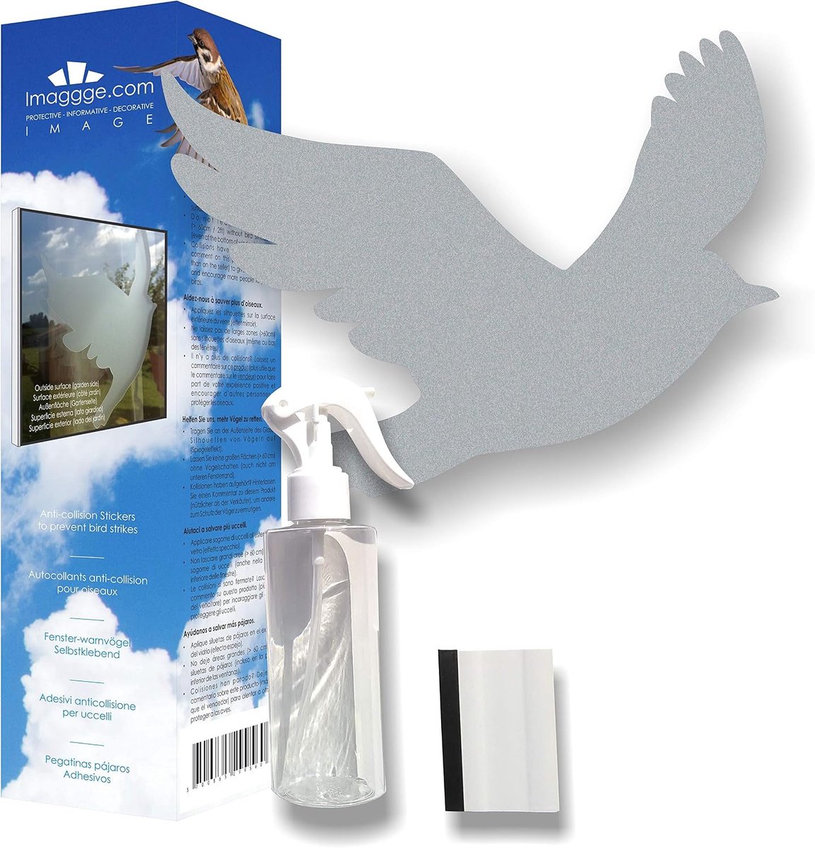 SnelShoppen - 22 Raamwaarschuwingsvogels - Voorkomt vogelslag - Compleet met spray en rakel - Zelfklevende vogel - Kleur: Grijs Zilver voor ramen en d