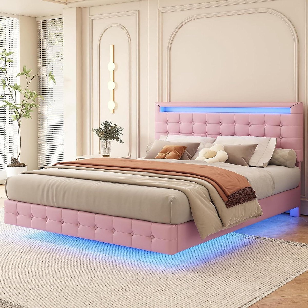 Zwevend Bed - Modern Bedframe - Slaapkamer Inrichten - In hoogte verstelbaar hoofdeinde - 140x200 cm - Roze