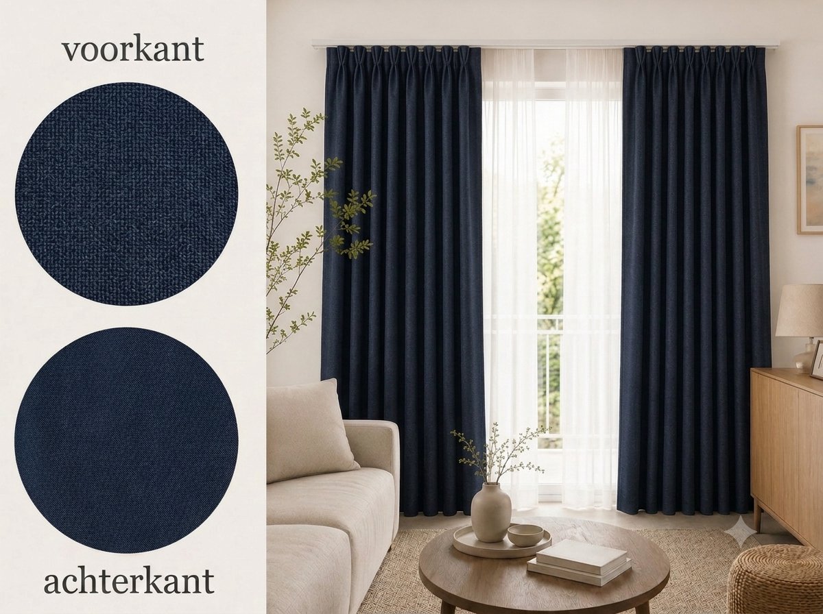 Kant-en-klare 100% Verduisterende & Thermische Gordijnen met Haken (Vlinderplooi) – 140x290 CM – Blauw – Linnenlook – Everyday Elegance Elite Series