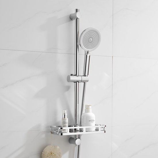 Ensemble de douche chromé avec barre coulissante, support de douchette réglable et porte-savon.