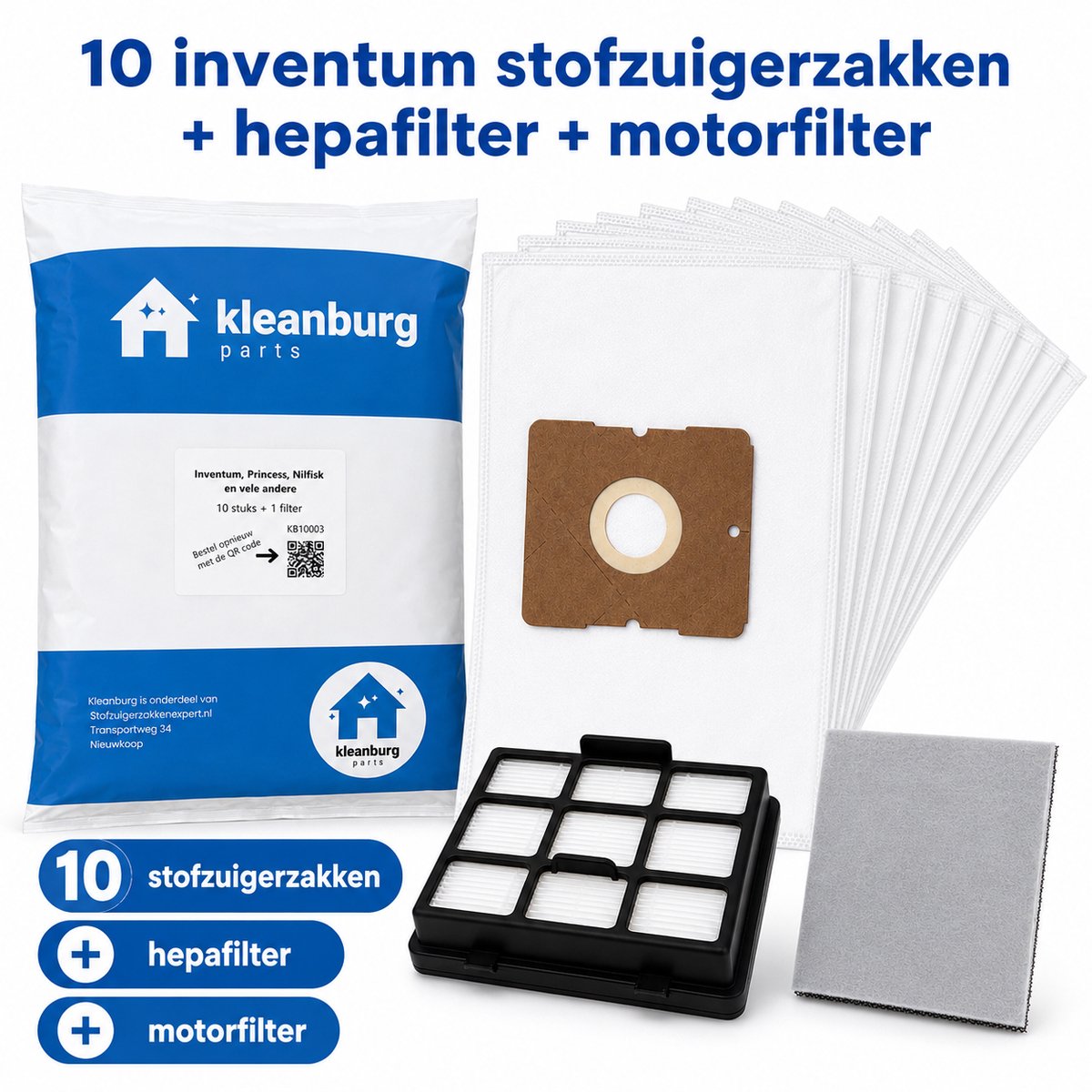 Kleanburg® - Inventum - Onderhoudsset - 10 Stofzuigerzakken - 2 Filters