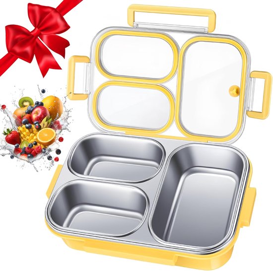 Gele, lekvrije bento-box met 4 vakken, rood strikje en een fontein van fruit.