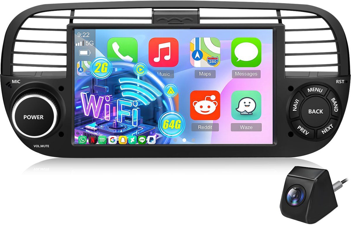 Cestovet Autoradio - Geschikt voor Fiat 500 2007 t/m 2015 - Apple CarPlay & Android Auto (Draadloos ) - Android 15 - 2+64GB - GPS, Wifi, Bluetooth, SWC - Achteruitrijcamera