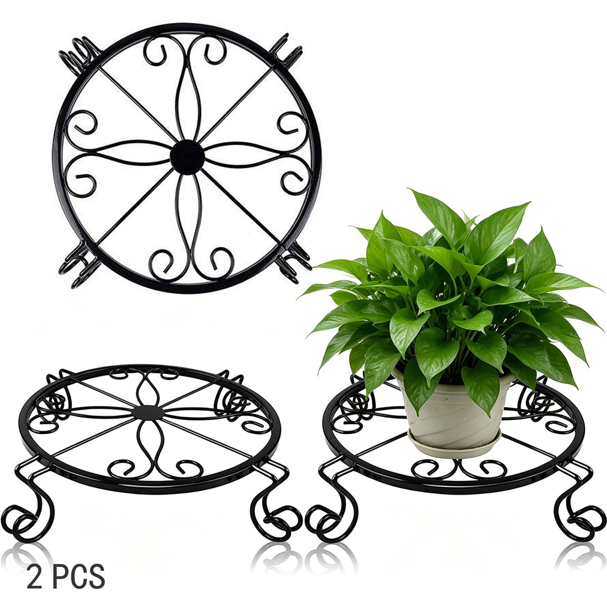2 Stuks Metalen Plantenstandaard 23 cm - Bloempot Verhoger voor Binnen en Buiten - Zwarte Roestbestendige Plantenhouder tot 30 kg