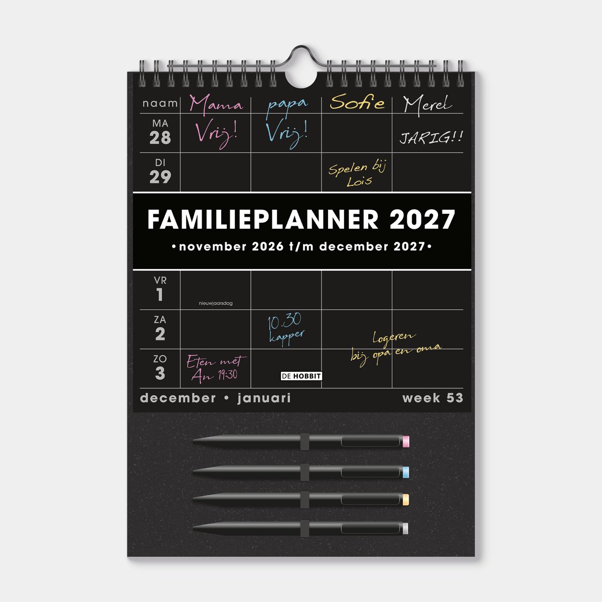 Hobbit - Familieplanner 2027 - A4 (30 x 21.5 cm) - 1 week op 1 pagina - Familiekalender met 4 gekleurde gelpennen - 4 personen - Zwart Papier