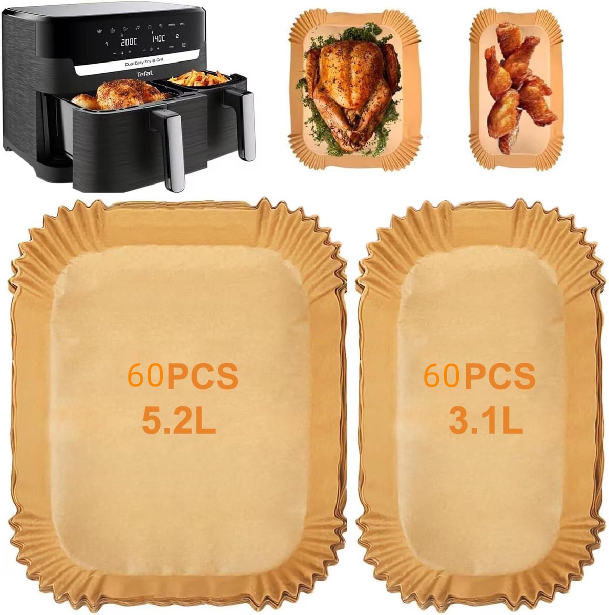 COOAU - Bakpapier airfryer - Bakpapiervellen - Geschikt voor Philips Dual Basket Airfryer 3000-serie en 5000-serie (6L/3L) – modellen NA350/300 en NA550/500 - 120 Stuks - Airfryer Wegwerpbakjes - Geschikt voor Philips 9L heteluchtfriteuse